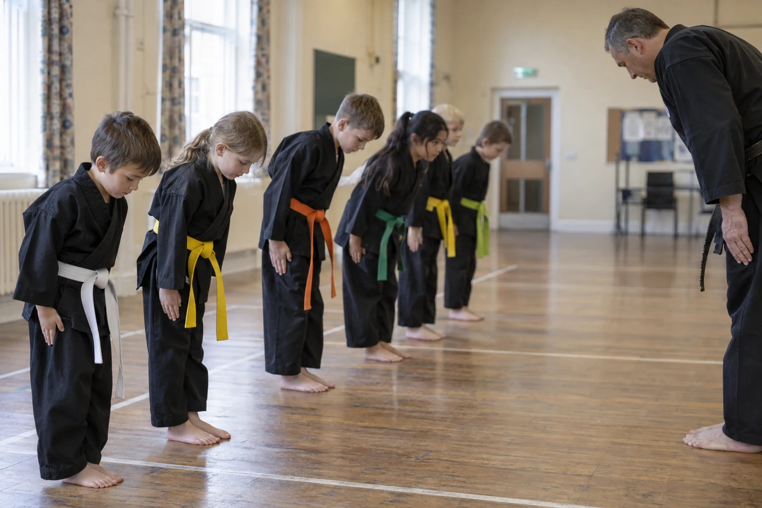 Children in black gis standing in a line and bowing