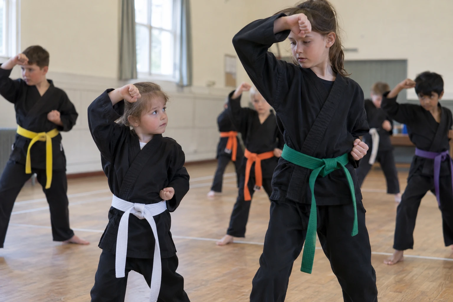 A white-belt beginner copying a block from an older green-belt girl