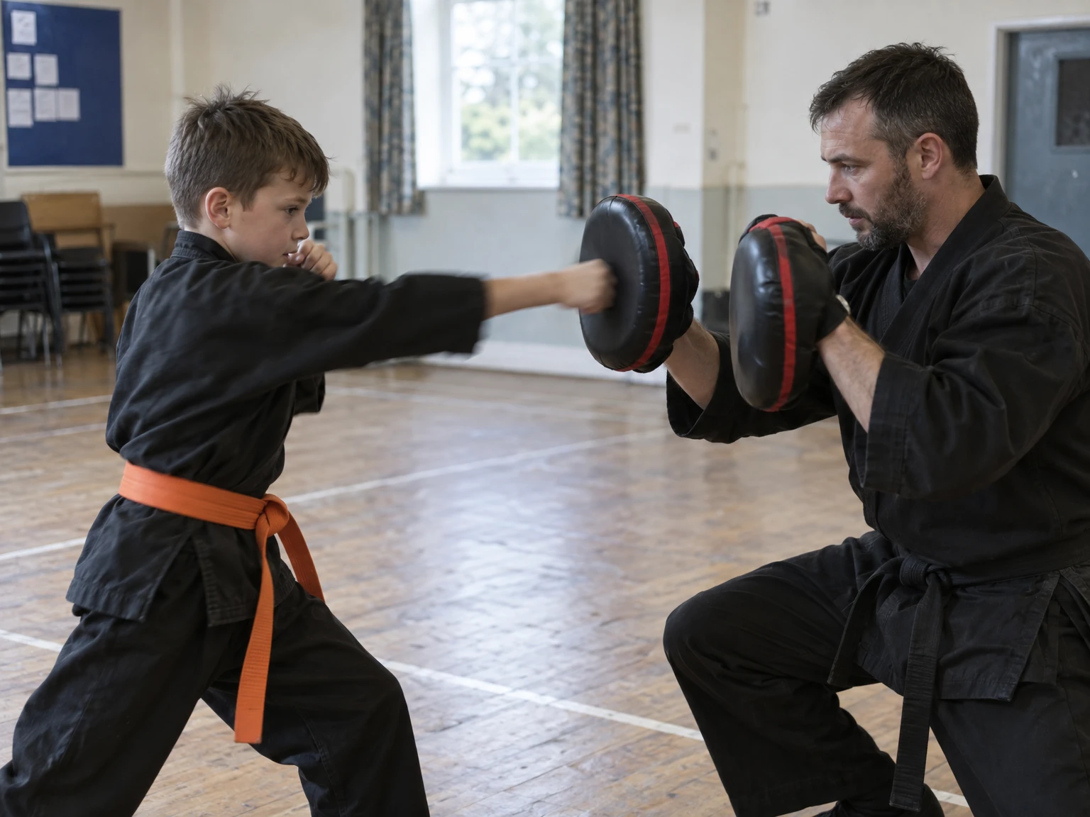 A boy punching a focus mitt held by a kneeling instructor