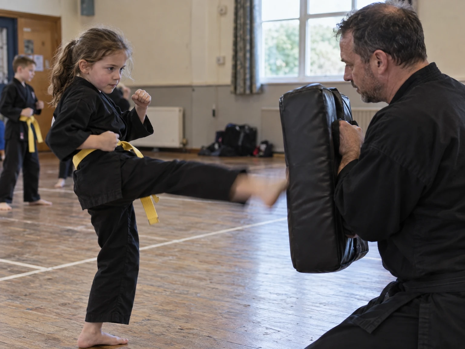 An instructor holding a kick shield as a young girl kicks it